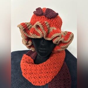 Handmade Crochet Hat and Scarf Set in Orange and Burgundy